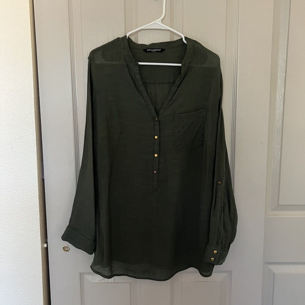 Zac & Rachel Button Up Blouse Women's Plus Size 2X Roll Tab Sleeves Green